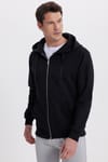 Unisex Relax Fit Rahat Kesim Pamuklu İçi Polarlı Çift Cepli Tam Fermuarlı Siyah Kapüşonlu Sweatshirt