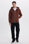 Unisex Relax Fit Rahat Kesim Pamuklu İçi Polarlı Çift Cepli Tam Fermuarlı Kahverengi Kapüşonlu Sweatshirt