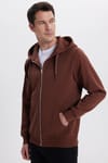 Unisex Relax Fit Rahat Kesim Pamuklu İçi Polarlı Çift Cepli Tam Fermuarlı Kahverengi Kapüşonlu Sweatshirt