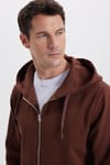 Unisex Relax Fit Rahat Kesim Pamuklu İçi Polarlı Çift Cepli Tam Fermuarlı Kahverengi Kapüşonlu Sweatshirt