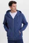 Unisex Relax Fit Rahat Kesim Pamuklu İçi Polarlı Çift Cepli Tam Fermuarlı İndigo Kapüşonlu Sweatshirt