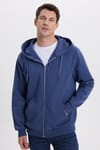 Unisex Relax Fit Rahat Kesim Pamuklu İçi Polarlı Çift Cepli Tam Fermuarlı İndigo Kapüşonlu Sweatshirt