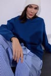 Kadın Oversize Geniş Kesim Pamuklu 3 iplik Bisiklet Yaka Mavi Sweatshirt