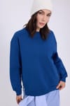 Kadın Oversize Geniş Kesim Pamuklu 3 iplik Bisiklet Yaka Mavi Sweatshirt