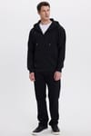 Erkek Relax Fit Rahat Kesim Pamuklu Tam Fermuarlı Kanguru Cepli Sırt Çantalı Siyah Sweatshirt