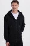 Erkek Relax Fit Rahat Kesim Pamuklu Tam Fermuarlı Kanguru Cepli Sırt Çantalı Siyah Sweatshirt