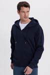 Erkek Relax Fit Rahat Kesim Pamuklu Tam Fermuarlı Kanguru Cepli Sırt Çantalı Lacivert Sweatshirt