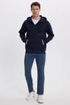 Erkek Relax Fit Rahat Kesim Pamuklu Tam Fermuarlı Kanguru Cepli Sırt Çantalı Lacivert Sweatshirt