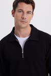 Erkek Relax Fit Rahat Kesim Pamuklu 3 İplik Fermuarlı Polo Yaka Siyah Sweatshirt