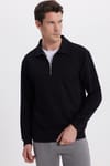 Erkek Relax Fit Rahat Kesim Pamuklu 3 İplik Fermuarlı Polo Yaka Siyah Sweatshirt