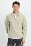 Erkek Relax Fit Rahat Kesim Pamuklu Fermuarlı Polo Yaka Bej Sweatshirt