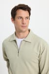 Erkek Relax Fit Rahat Kesim Pamuklu Fermuarlı Polo Yaka Bej Sweatshirt
