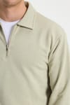 Erkek Relax Fit Rahat Kesim Pamuklu Fermuarlı Polo Yaka Bej Sweatshirt