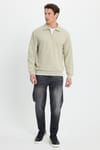 Erkek Relax Fit Rahat Kesim Pamuklu Fermuarlı Polo Yaka Bej Sweatshirt