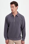 Erkek Relax Fit Rahat Kesim Pamuklu 3 İplik Fermuarlı Polo Yaka Koyu Gri Sweatshirt
