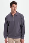 Erkek Relax Fit Rahat Kesim Pamuklu 3 İplik Fermuarlı Polo Yaka Koyu Gri Sweatshirt