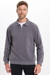 Erkek Relax Fit Rahat Kesim Pamuklu 3 İplik Fermuarlı Polo Yaka Koyu Gri Sweatshirt