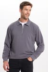 Erkek Relax Fit Rahat Kesim Pamuklu 3 İplik Fermuarlı Polo Yaka Koyu Gri Sweatshirt