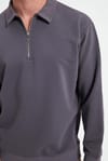 Erkek Relax Fit Rahat Kesim Pamuklu 3 İplik Fermuarlı Polo Yaka Koyu Gri Sweatshirt