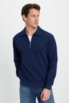 Erkek Relax Fit Rahat Kesim Pamuklu Fermuarlı Polo Yaka Lacivert Sweatshirt