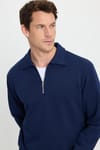 Erkek Relax Fit Rahat Kesim Pamuklu Fermuarlı Polo Yaka Lacivert Sweatshirt