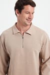 Erkek Relax Fit Rahat Kesim Pamuklu 3 İplik Fermuarlı Polo Yaka Taş Sweatshirt