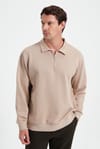 Erkek Relax Fit Rahat Kesim Pamuklu 3 İplik Fermuarlı Polo Yaka Taş Sweatshirt