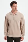 Erkek Relax Fit Rahat Kesim Pamuklu 3 İplik Fermuarlı Polo Yaka Taş Sweatshirt