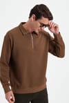 Erkek Relax Fit Rahat Kesim Pamuklu 3 İplik Fermuarlı Polo Yaka Koyu Vizon Sweatshirt