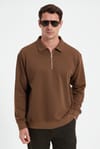Erkek Relax Fit Rahat Kesim Pamuklu 3 İplik Fermuarlı Polo Yaka Koyu Vizon Sweatshirt