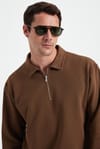 Erkek Relax Fit Rahat Kesim Pamuklu 3 İplik Fermuarlı Polo Yaka Koyu Vizon Sweatshirt