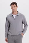 Erkek Relax Fit Rahat Kesim Pamuklu 3 İplik Fermuarlı Polo Yaka Gri Sweatshirt