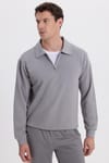 Erkek Relax Fit Rahat Kesim Pamuklu 3 İplik Fermuarlı Polo Yaka Gri Sweatshirt
