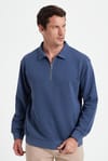 Erkek Relax Fit Rahat Kesim Pamuklu 3 İplik Fermuarlı Polo Yaka Koyu Mavi Sweatshirt