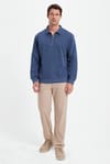 Erkek Relax Fit Rahat Kesim Pamuklu 3 İplik Fermuarlı Polo Yaka Koyu Mavi Sweatshirt