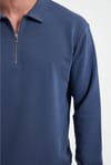 Erkek Relax Fit Rahat Kesim Pamuklu 3 İplik Fermuarlı Polo Yaka Koyu Mavi Sweatshirt