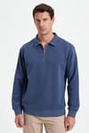 Erkek Relax Fit Rahat Kesim Pamuklu 3 İplik Fermuarlı Polo Yaka Koyu Mavi Sweatshirt