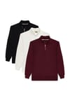 Unisex 3'lü Paket Siyah-Beyaz-Bordo Relax Fit Pamuklu Yarım Fermuarlı Dik Yaka Sweatshirt