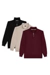 Unisex 3'lü Paket Siyah-Taş-Bordo Relax Fit Pamuklu Yarım Fermuarlı Dik Yaka Sweatshirt