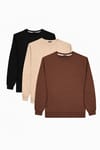 Erkek 3'lü Kahverengi-Taş-Siyah Relax Fit Rahat Kesim %100 Pamuk 2 İplik Bisiklet Yaka Sweatshirt