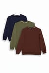 Erkek 3'lü Kahve-Yeşil-Lacivert Relax Fit Rahat Kesim %100 Pamuk 2 İplik Bisiklet Yaka Sweatshirt