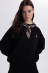 Kadın Oversize Geniş Kesim Pamuklu Fular Detaylı Bisiklet Yaka Siyah Sweatshirt