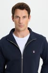 Erkek Slim Fit Dar Kesim Pamuklu Tam Fermuarlı Çift Cepli Dik Yaka Lacivert Sweatshirt Hırka