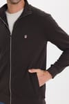 Erkek Slim Fit Dar Kesim Pamuklu Tam Fermuarlı Çift Cepli Dik Yaka Koyu Kahverengi Sweatshirt Hırka