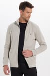 Erkek Slim Fit Dar Kesim Pamuklu Tam Fermuarlı Çift Cepli Dik Yaka Taş Rengi Sweatshirt Hırka