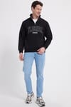 Erkek Relax Fit Rahat Kesim Pamuklu Yarım Fermuarlı Baskılı Siyah Sweatshirt