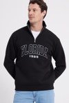 Erkek Relax Fit Rahat Kesim Pamuklu Yarım Fermuarlı Baskılı Siyah Sweatshirt