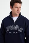 Erkek Relax Fit Rahat Kesim Pamuklu Yarım Fermuarlı Baskılı Lacivert Sweatshirt