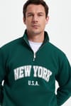 Erkek Relax Fit Rahat Kesim Pamuklu Yarım Fermuarlı Baskılı Haki Sweatshirt