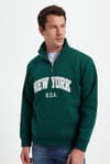 Erkek Relax Fit Rahat Kesim Pamuklu Yarım Fermuarlı Baskılı Haki Sweatshirt